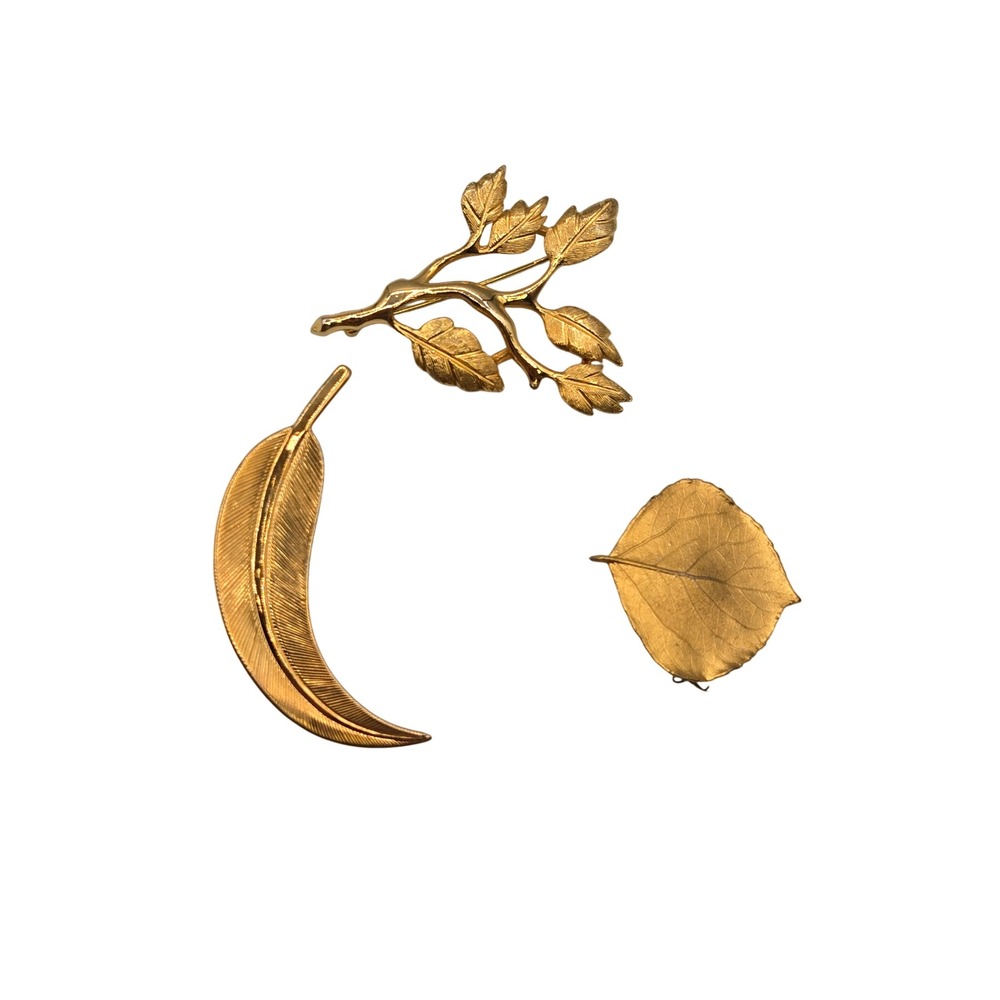 VTG 3PC Brooch‎ Gold Tone Leaf Botanical Cottagecore Fairycore Fall Harvest Pins